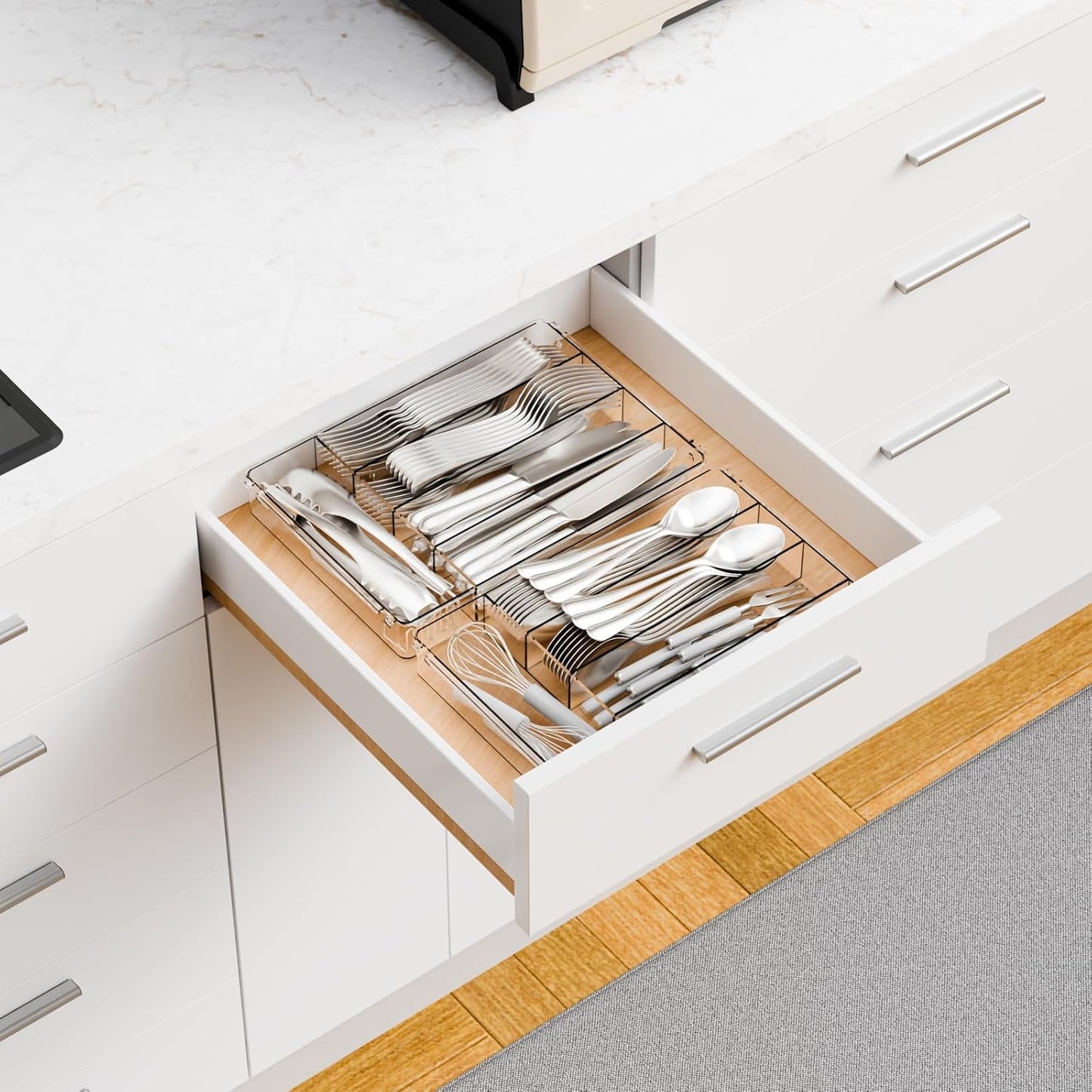Clear Small Silverware Organizer 9 inch Wide for Kitchen Drawers,BPA Free Silverware Trays and Plastic Silverware Dividers & Holder,Utensil and Flatware Drawer Organizer Suitable for Fork,Spoon