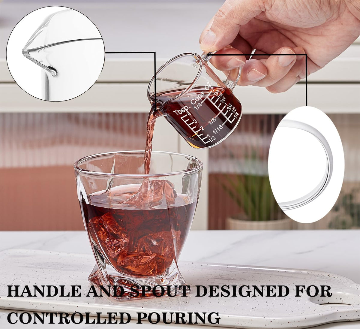 Ackers Etched Graduated Glass Measuring Cup - [Insulated Handle | V-Shaped Spout] - High Borosilicate Glass Measuring Cup for Kitchen or Dining, Easy to Read, 250ml (8oz, 1 Cup)