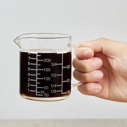 Ackers Etched Graduated Glass Measuring Cup - [Insulated Handle | V-Shaped Spout] - High Borosilicate Glass Measuring Cup for Kitchen or Dining, Easy to Read, 250ml (8oz, 1 Cup)