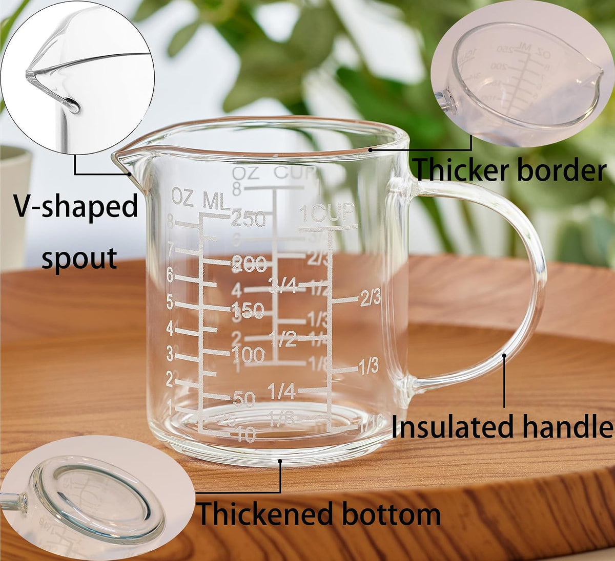 Ackers Etched Graduated Glass Measuring Cup - [Insulated Handle | V-Shaped Spout] - High Borosilicate Glass Measuring Cup for Kitchen or Dining, Easy to Read, 250ml (8oz, 1 Cup)