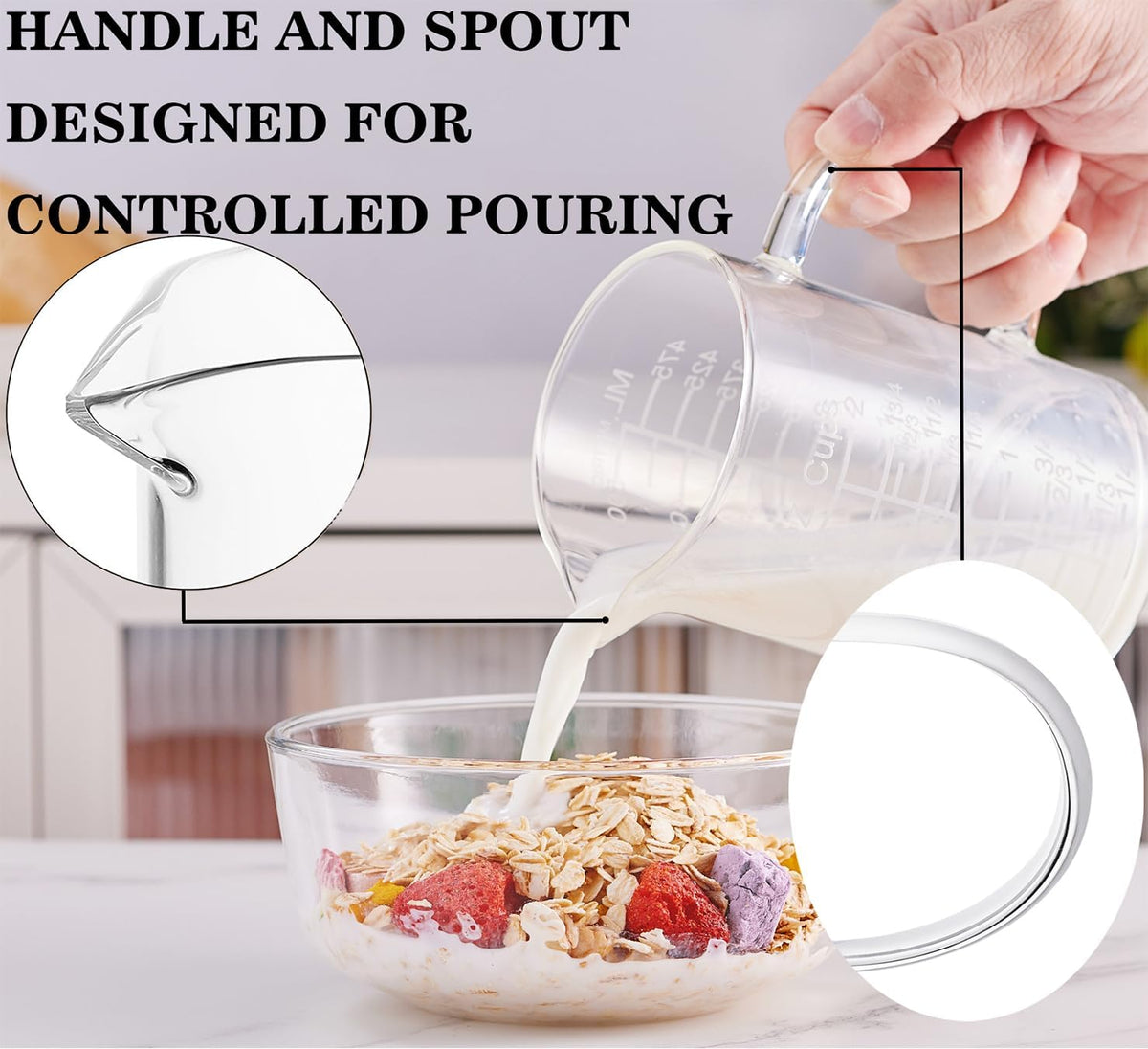 Ackers Etched Graduated Glass Measuring Cup - [Insulated Handle | V-Shaped Spout] - High Borosilicate Glass Measuring Cup for Kitchen or Dining, Easy to Read, 250ml (8oz, 1 Cup)