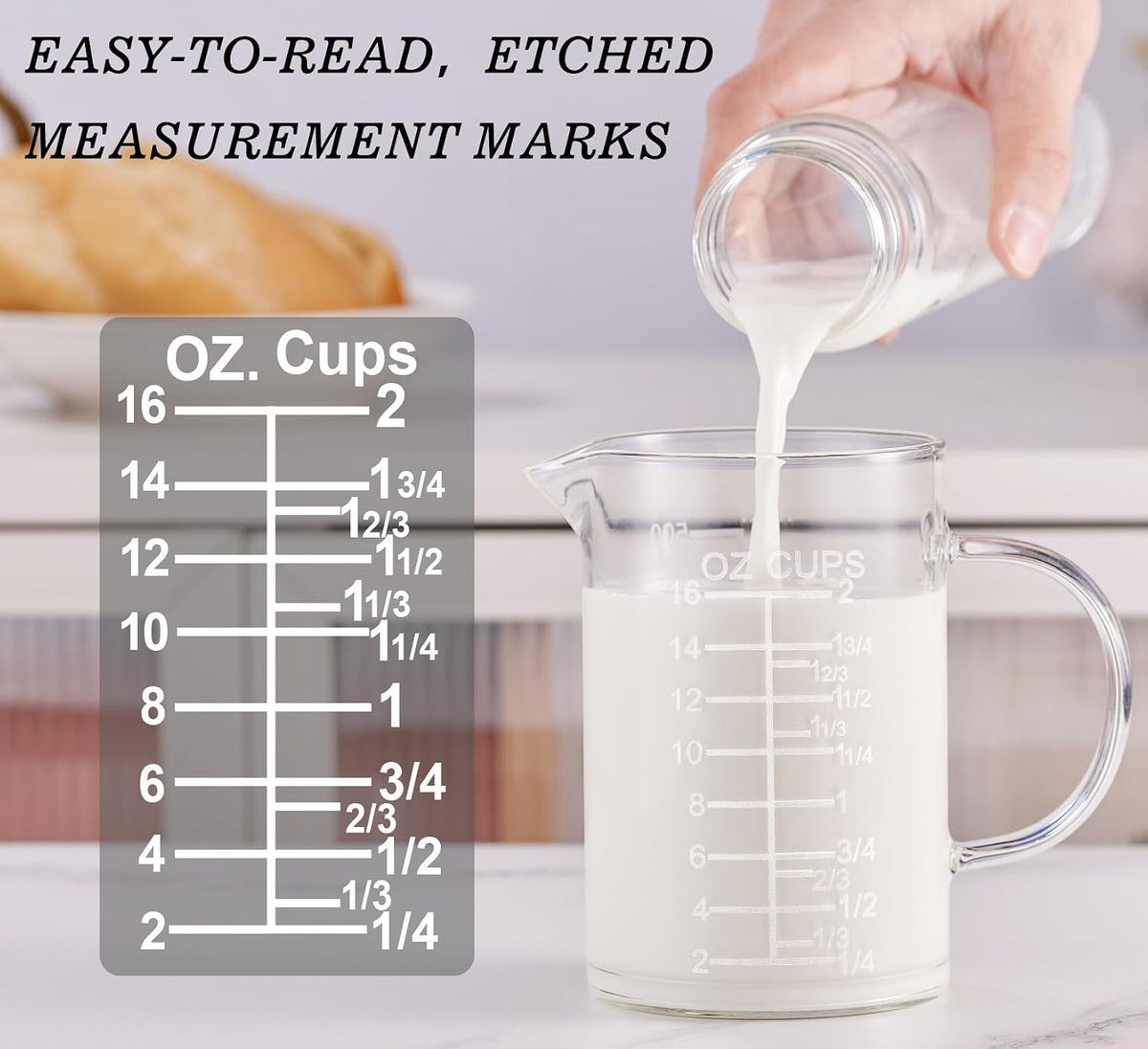 Ackers Etched Graduated Glass Measuring Cup - [Insulated Handle | V-Shaped Spout] - High Borosilicate Glass Measuring Cup for Kitchen or Dining, Easy to Read, 250ml (8oz, 1 Cup)