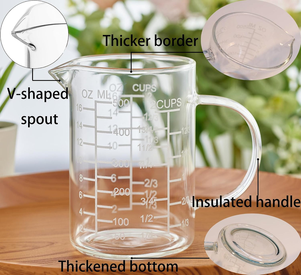 Ackers Etched Graduated Glass Measuring Cup - [Insulated Handle | V-Shaped Spout] - High Borosilicate Glass Measuring Cup for Kitchen or Dining, Easy to Read, 250ml (8oz, 1 Cup)
