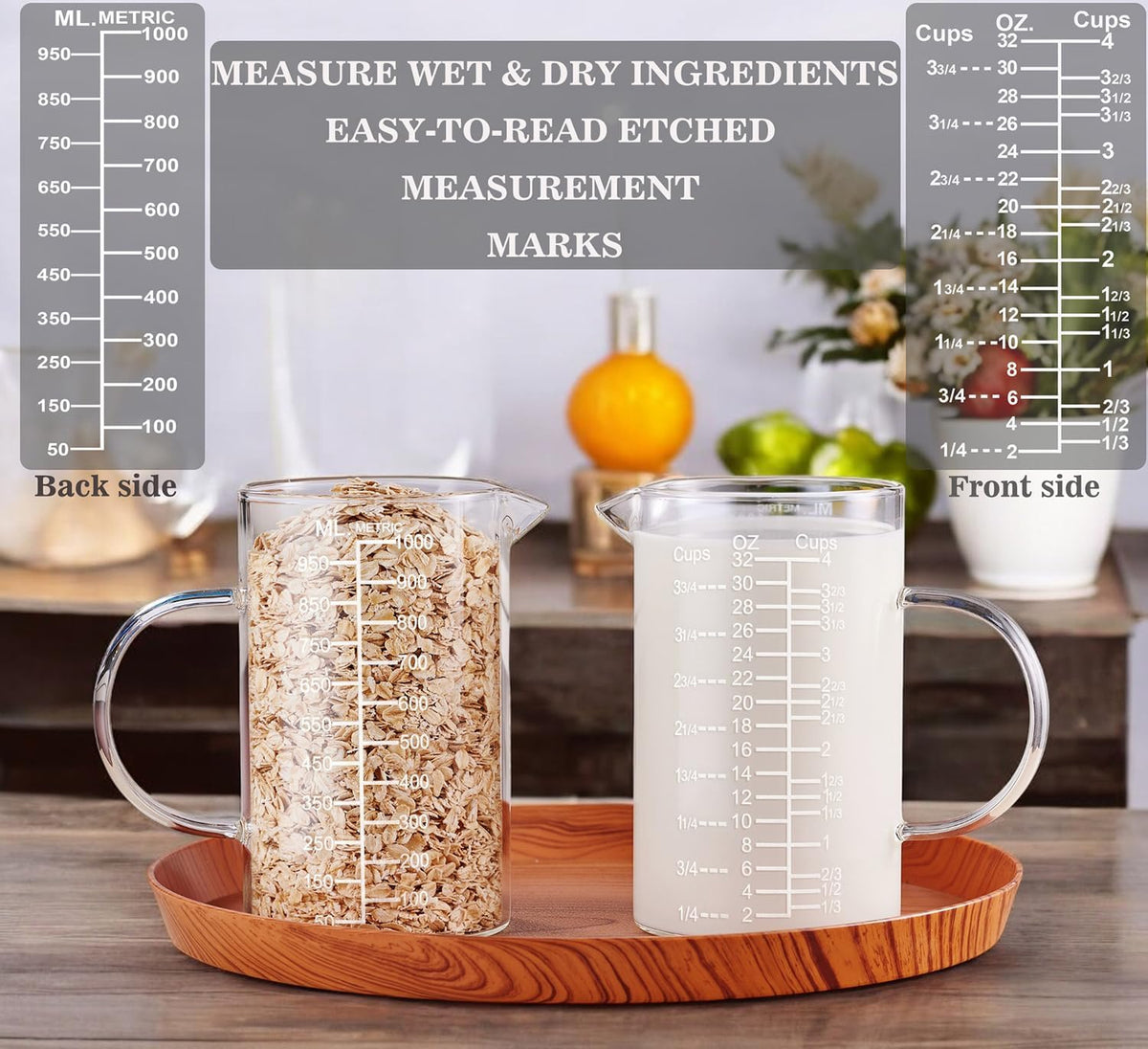 Ackers Etched Graduated Glass Measuring Cup - [Insulated Handle | V-Shaped Spout] - High Borosilicate Glass Measuring Cup for Kitchen or Dining, Easy to Read, 250ml (8oz, 1 Cup)