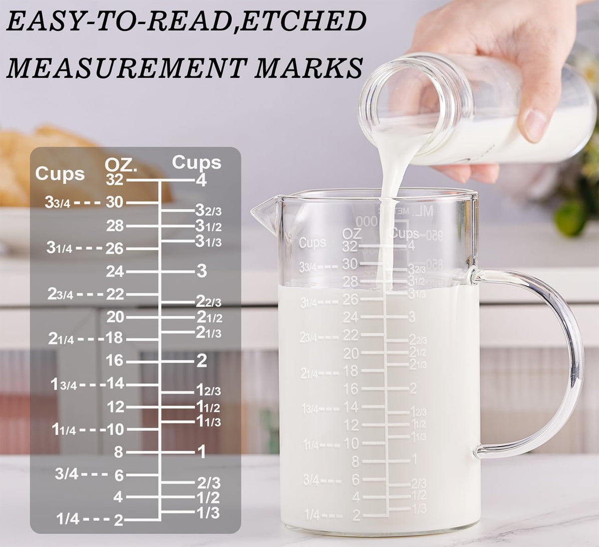 Ackers Etched Graduated Glass Measuring Cup - [Insulated Handle | V-Shaped Spout] - High Borosilicate Glass Measuring Cup for Kitchen or Dining, Easy to Read, 250ml (8oz, 1 Cup)
