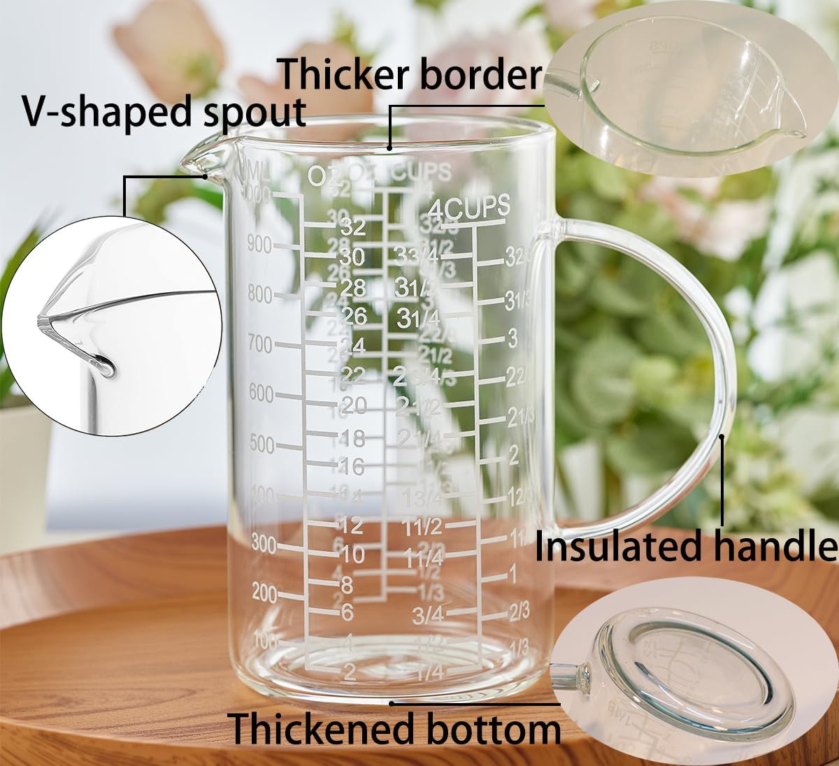 Ackers Etched Graduated Glass Measuring Cup - [Insulated Handle | V-Shaped Spout] - High Borosilicate Glass Measuring Cup for Kitchen or Dining, Easy to Read, 250ml (8oz, 1 Cup)