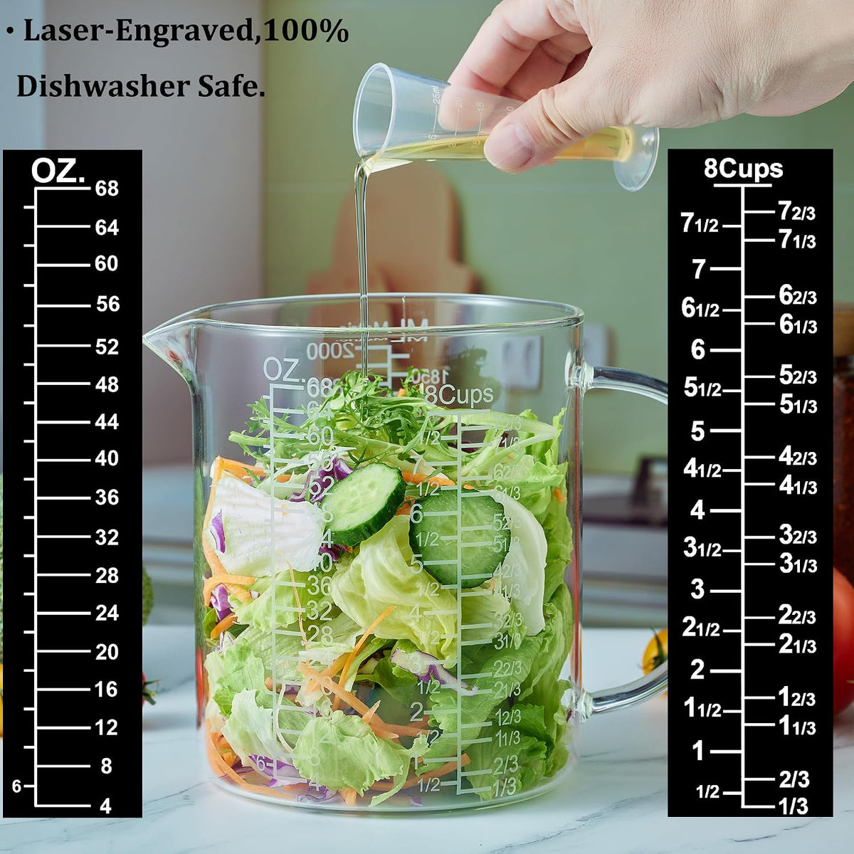 Ackers Etched Graduated Glass Measuring Cup - [Insulated Handle | V-Shaped Spout] - High Borosilicate Glass Measuring Cup for Kitchen or Dining, Easy to Read, 250ml (8oz, 1 Cup)