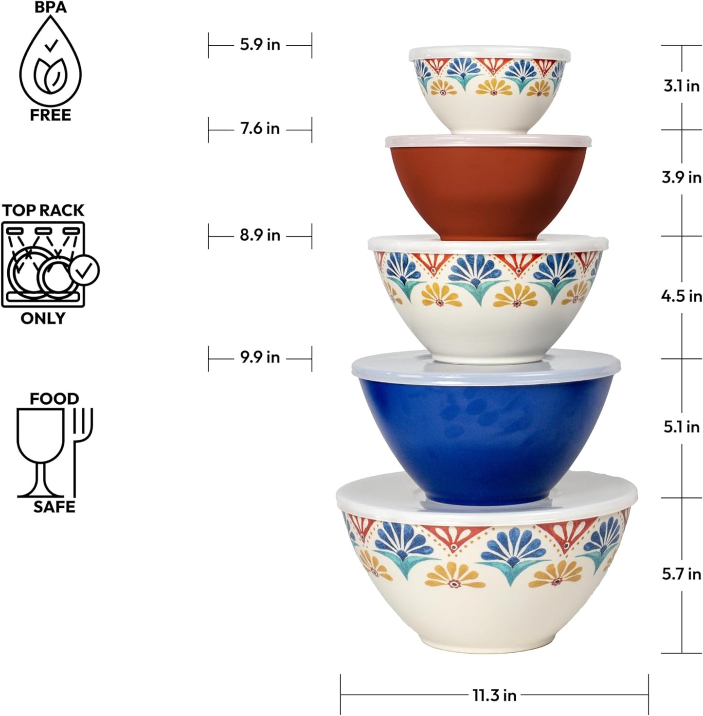 Rio Medallion Stackable Melamine Mixing Bowls with Airtight Lids, Durable Indoor/Outdoor Kitchenware, Shatter-Resistant, Dishwasher Safe for Mixing & Serving, Assorted Colors, Set of 5