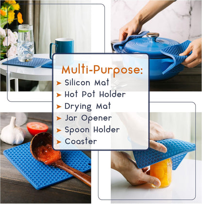 BTaT- Silicone Trivet Mats, 2 Pack, Blue, Heat & Stain Resistant | Non Slip Hot Pads Kitchen Potholders Jar Opener Spoon Holder Food Grade Silicone