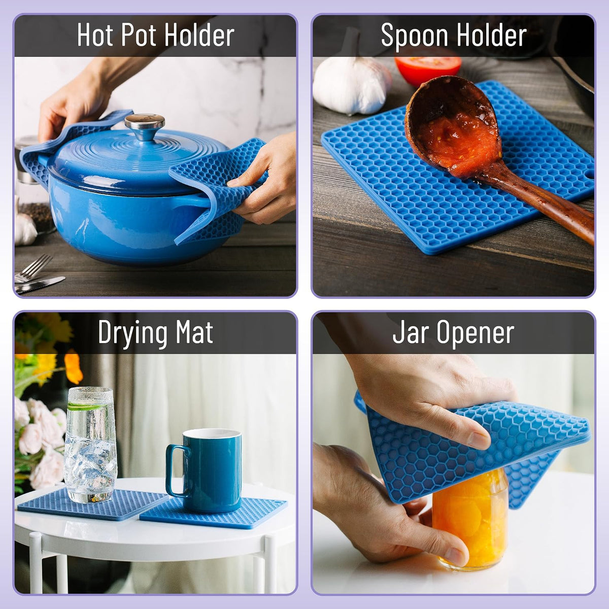 BTaT- Silicone Trivet Mats, 2 Pack, Blue, Heat & Stain Resistant | Non Slip Hot Pads Kitchen Potholders Jar Opener Spoon Holder Food Grade Silicone