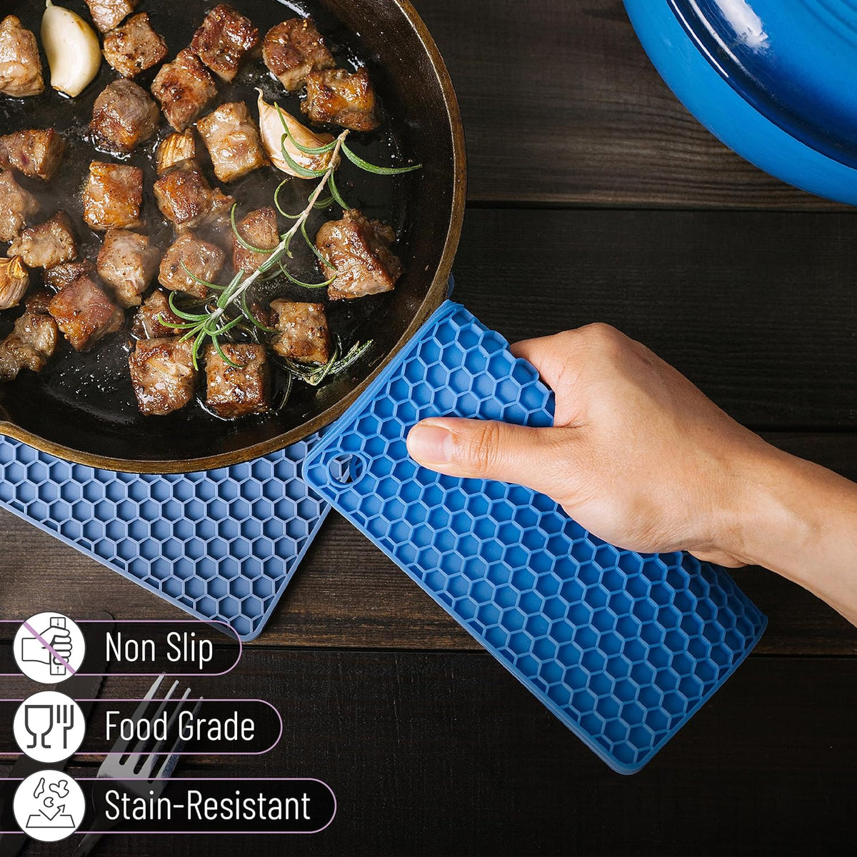 BTaT- Silicone Trivet Mats, 2 Pack, Blue, Heat & Stain Resistant | Non Slip Hot Pads Kitchen Potholders Jar Opener Spoon Holder Food Grade Silicone