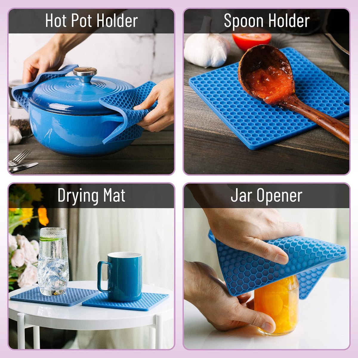 BTaT- Silicone Trivet Mats, 2 Pack, Blue, Heat & Stain Resistant | Non Slip Hot Pads Kitchen Potholders Jar Opener Spoon Holder Food Grade Silicone