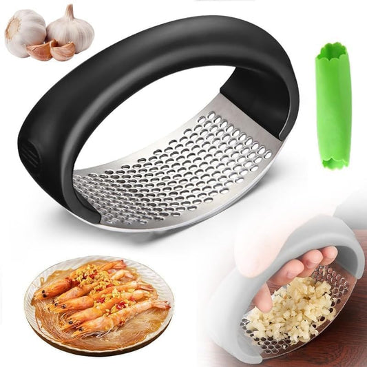 Garlic Press Rocker - 2026 NEW Stainless Steel Garlic Mincer Garlic Crusher with Peeler, New Innovative Garlic Chopper with Peeler and Scraper for Smash Garlic (Black)