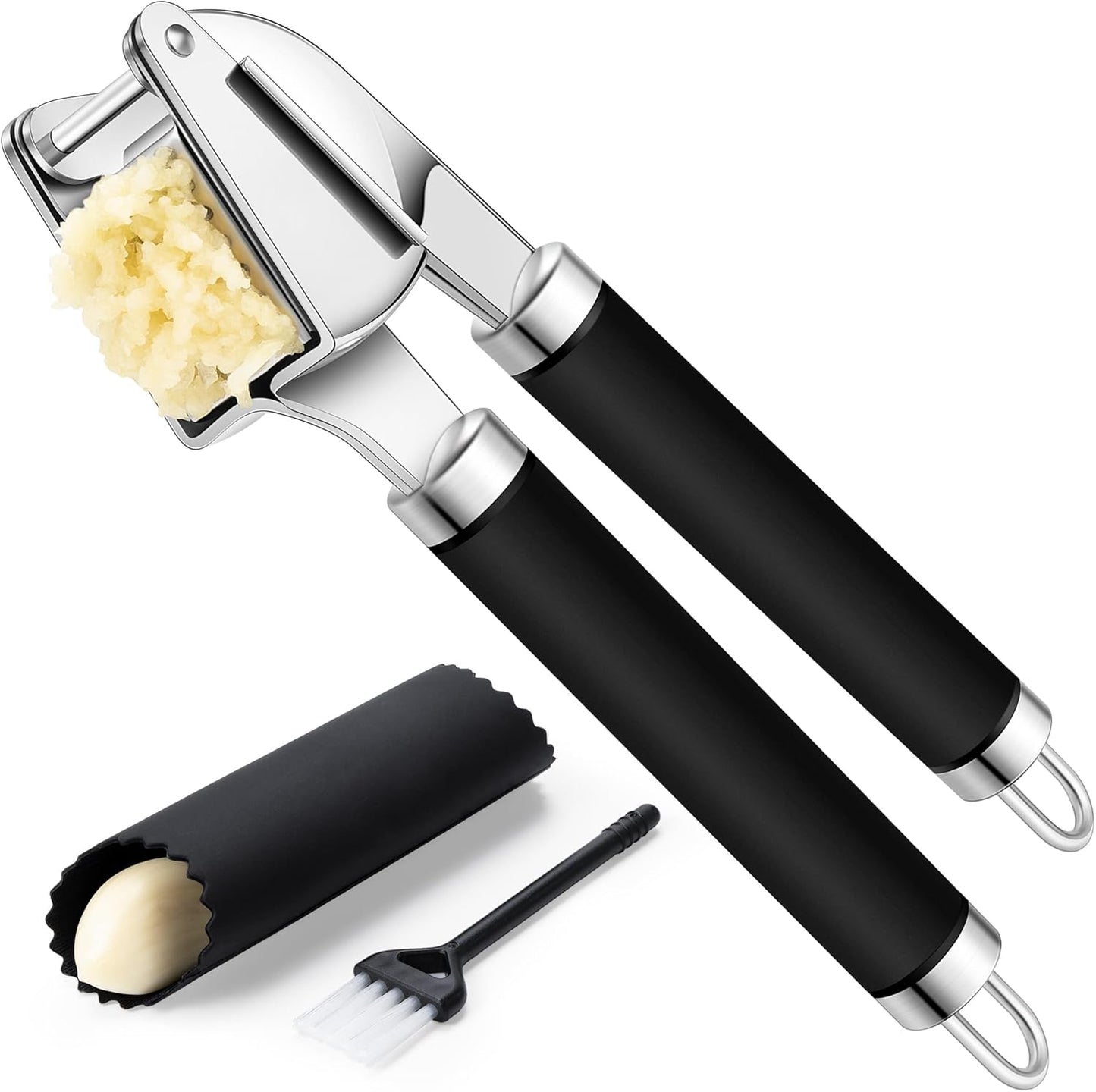 Premium Garlic Press Stainless Steel, Garlic Mincer Tool, Garlic Crusher Tool, Garlic Smasher Garlic Masher Includes Silicone Garlic Peeler & Cleaning Brush, Dishwasher Safe (Black)