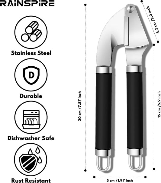 Premium Garlic Press Stainless Steel, Garlic Mincer Tool, Garlic Crusher Tool, Garlic Smasher Garlic Masher Includes Silicone Garlic Peeler & Cleaning Brush, Dishwasher Safe (Black)