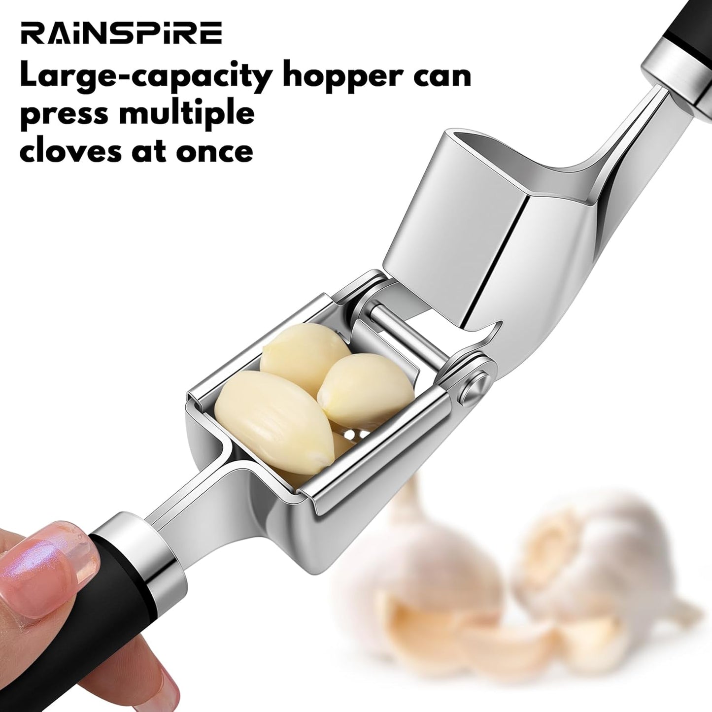 Premium Garlic Press Stainless Steel, Garlic Mincer Tool, Garlic Crusher Tool, Garlic Smasher Garlic Masher Includes Silicone Garlic Peeler & Cleaning Brush, Dishwasher Safe (Black)