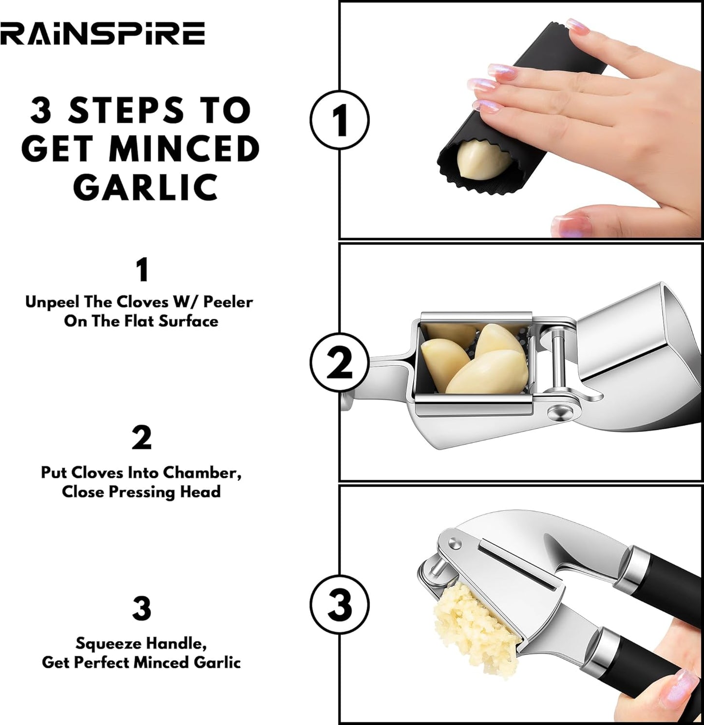 Premium Garlic Press Stainless Steel, Garlic Mincer Tool, Garlic Crusher Tool, Garlic Smasher Garlic Masher Includes Silicone Garlic Peeler & Cleaning Brush, Dishwasher Safe (Black)