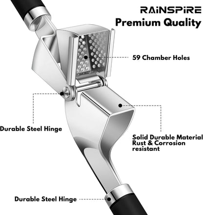Premium Garlic Press Stainless Steel, Garlic Mincer Tool, Garlic Crusher Tool, Garlic Smasher Garlic Masher Includes Silicone Garlic Peeler & Cleaning Brush, Dishwasher Safe (Black)