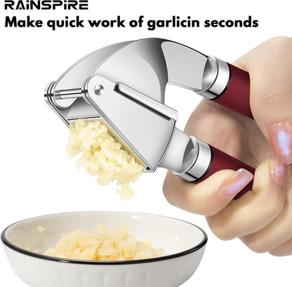 Premium Garlic Press Stainless Steel, Garlic Mincer Tool, Garlic Crusher Tool, Garlic Smasher Garlic Masher Includes Silicone Garlic Peeler & Cleaning Brush, Dishwasher Safe (Black)