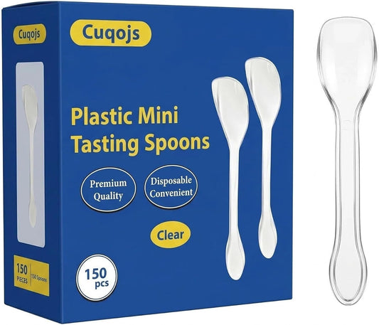 150 PCS 4" Mini Spoons for Desserts, Small Plastic Tasting Spoons | Clear Disposable Small Spoons for Desserts, Dessert Cups, Sampling, Parties, Weddings, Bakeries, Cafes, Catering and Events