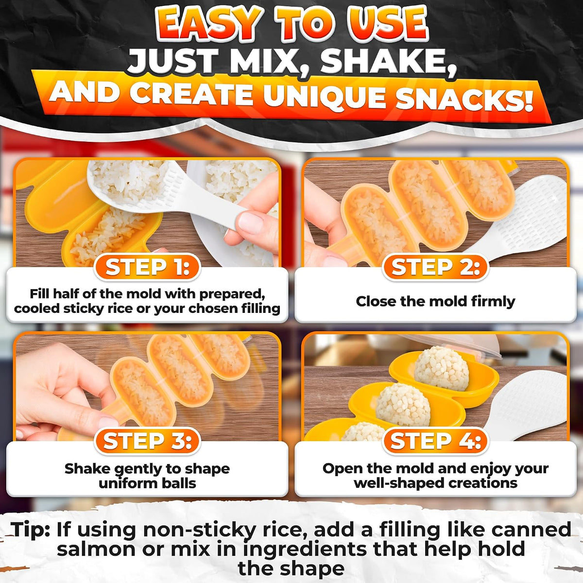Rice Ball Mold, Shake to Make 3 Bite-Size Balls in Seconds