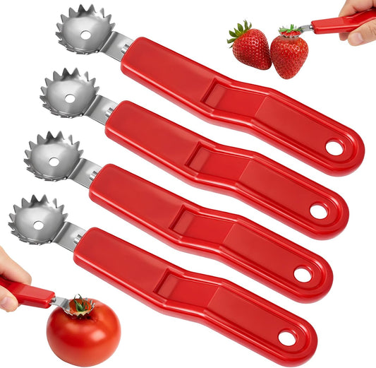 4PCS Tomato Corer Tool, Stainless Steel Tomato Strawberry Top Remover, Strawberry Huller Stem Remover, Fruit Corer Tool for Dessert and Salad Making (Red)