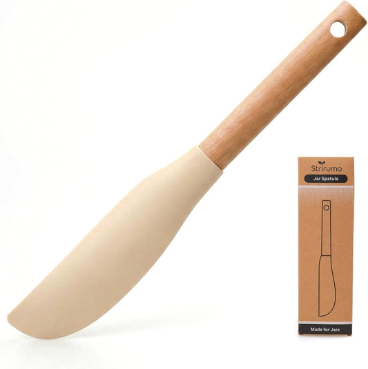 10.7" Long Silicone Jar Spatula with Natural Beechwood Handle, Flexible Deep Jar Scraper & Blender Spatula, Removable Soft Contour Head for Sourdough Starter Crocks, Peanut Butter or Jams