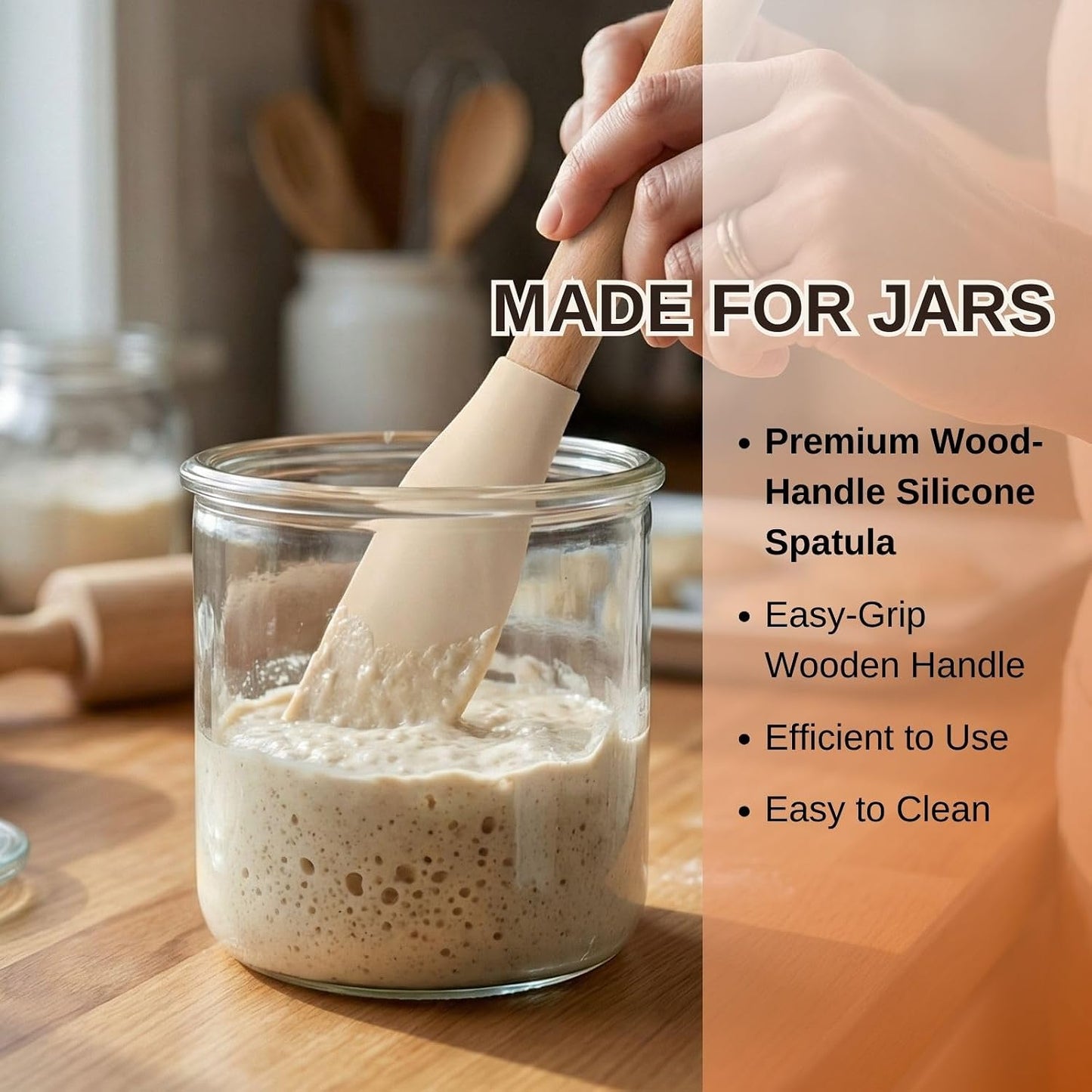 10.7" Long Silicone Jar Spatula with Natural Beechwood Handle, Flexible Deep Jar Scraper & Blender Spatula, Removable Soft Contour Head for Sourdough Starter Crocks, Peanut Butter or Jams