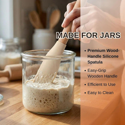 10.7" Long Silicone Jar Spatula with Natural Beechwood Handle, Flexible Deep Jar Scraper & Blender Spatula, Removable Soft Contour Head for Sourdough Starter Crocks, Peanut Butter or Jams