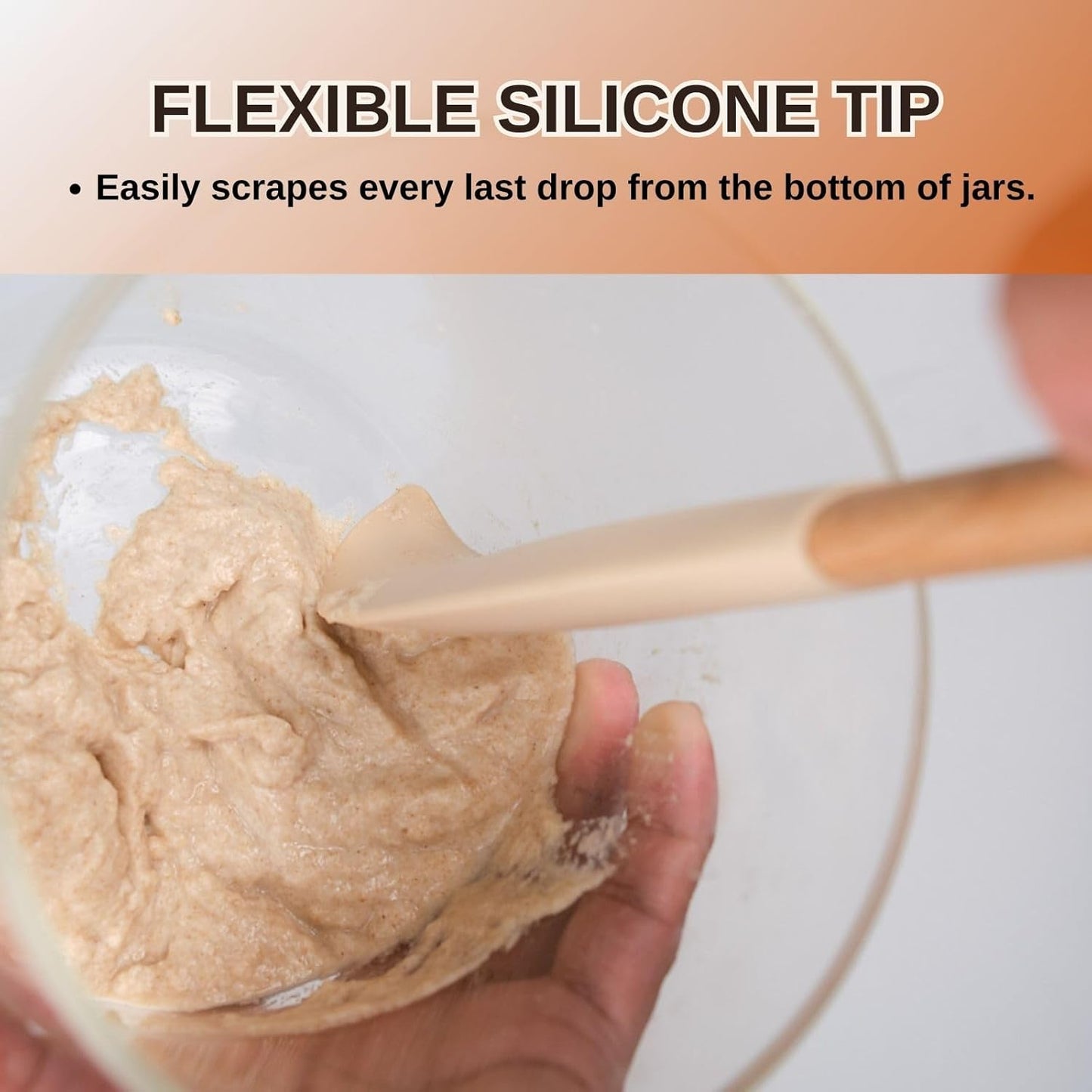 10.7" Long Silicone Jar Spatula with Natural Beechwood Handle, Flexible Deep Jar Scraper & Blender Spatula, Removable Soft Contour Head for Sourdough Starter Crocks, Peanut Butter or Jams