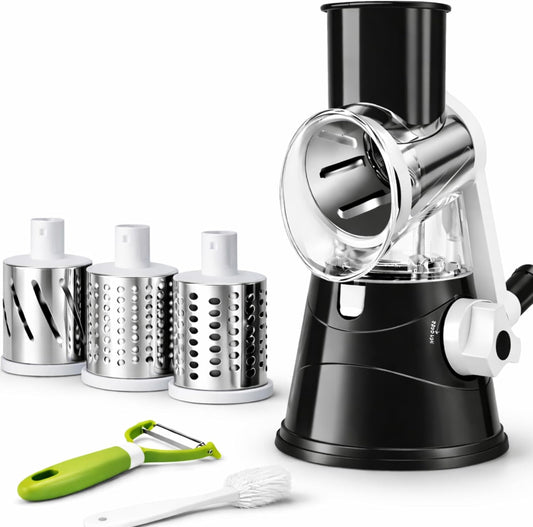 Rotary Cheese Grater with Handle - Hand Crank Vegetable Slicer & Shredder, 3 Interchangeable Stainless Steel Blades, Manual Grater for Parmesan, Nuts & Vegetables, Strong Suction Base, BPA-Free