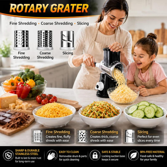 Rotary Cheese Grater with Handle - Hand Crank Vegetable Slicer & Shredder, 3 Interchangeable Stainless Steel Blades, Manual Grater for Parmesan, Nuts & Vegetables, Strong Suction Base, BPA-Free