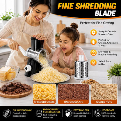 Rotary Cheese Grater with Handle - Hand Crank Vegetable Slicer & Shredder, 3 Interchangeable Stainless Steel Blades, Manual Grater for Parmesan, Nuts & Vegetables, Strong Suction Base, BPA-Free