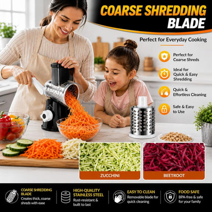 Rotary Cheese Grater with Handle - Hand Crank Vegetable Slicer & Shredder, 3 Interchangeable Stainless Steel Blades, Manual Grater for Parmesan, Nuts & Vegetables, Strong Suction Base, BPA-Free