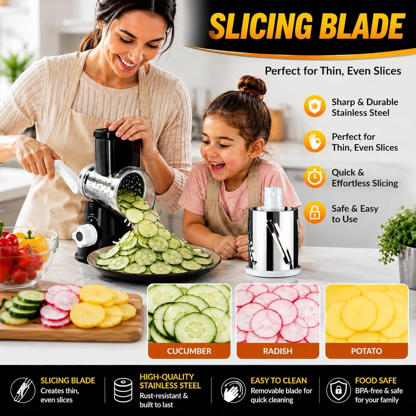 Rotary Cheese Grater with Handle - Hand Crank Vegetable Slicer & Shredder, 3 Interchangeable Stainless Steel Blades, Manual Grater for Parmesan, Nuts & Vegetables, Strong Suction Base, BPA-Free