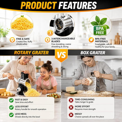 Rotary Cheese Grater with Handle - Hand Crank Vegetable Slicer & Shredder, 3 Interchangeable Stainless Steel Blades, Manual Grater for Parmesan, Nuts & Vegetables, Strong Suction Base, BPA-Free