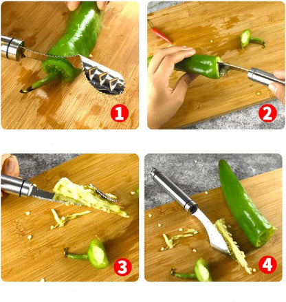 Jalapeno Pepper Corer, Stainless Steel Chili Corer Remover Deseeder kitchen Tool with Serrated Slice and Rubber Handle for Barbecue Cooking Accessories Kitchen Gadgets