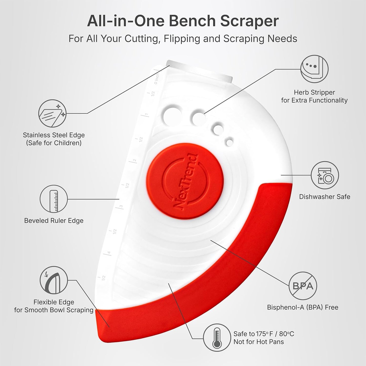 5-in-1 Dough Scraper & Flexible Bowl Scraper , Bread Scraper with Stainless Steel Edge, Ruler & Herb Stripper – BPA Free, Dishwasher Safe - Red