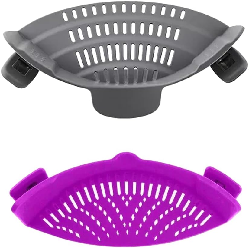 Clip‑On Pot Strainer Silicone Gray and Purple Dishwasher‑Safe Side‑Mount Design 9.4×4.6×2.5 Inches | Snap Drain Colander for Pans Bowls Skillets | Heat‑Resistant Kitchen Gadget Splash‑Guard