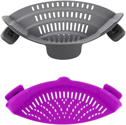 Clip‑On Pot Strainer Silicone Gray and Purple Dishwasher‑Safe Side‑Mount Design 9.4×4.6×2.5 Inches | Snap Drain Colander for Pans Bowls Skillets | Heat‑Resistant Kitchen Gadget Splash‑Guard