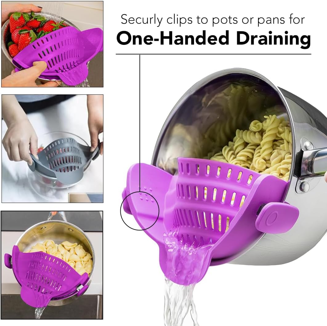 Clip‑On Pot Strainer Silicone Gray and Purple Dishwasher‑Safe Side‑Mount Design 9.4×4.6×2.5 Inches | Snap Drain Colander for Pans Bowls Skillets | Heat‑Resistant Kitchen Gadget Splash‑Guard