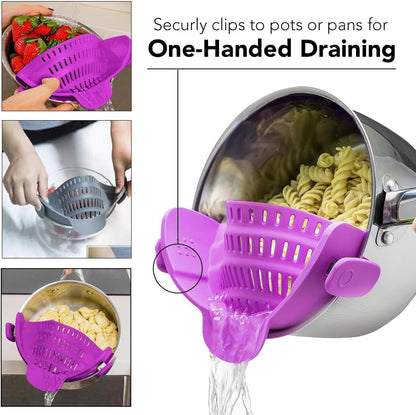 Clip‑On Pot Strainer Silicone Gray and Purple Dishwasher‑Safe Side‑Mount Design 9.4×4.6×2.5 Inches | Snap Drain Colander for Pans Bowls Skillets | Heat‑Resistant Kitchen Gadget Splash‑Guard