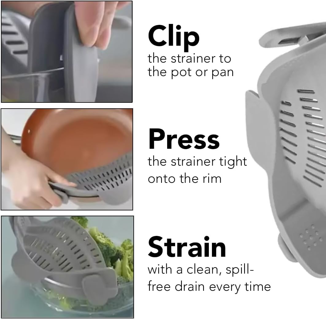 Clip‑On Pot Strainer Silicone Gray and Purple Dishwasher‑Safe Side‑Mount Design 9.4×4.6×2.5 Inches | Snap Drain Colander for Pans Bowls Skillets | Heat‑Resistant Kitchen Gadget Splash‑Guard