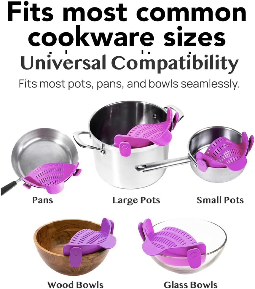 Clip‑On Pot Strainer Silicone Gray and Purple Dishwasher‑Safe Side‑Mount Design 9.4×4.6×2.5 Inches | Snap Drain Colander for Pans Bowls Skillets | Heat‑Resistant Kitchen Gadget Splash‑Guard