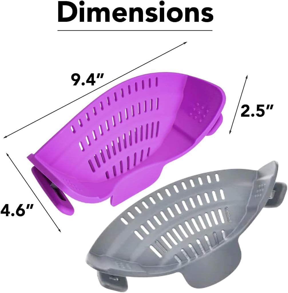 Clip‑On Pot Strainer Silicone Gray and Purple Dishwasher‑Safe Side‑Mount Design 9.4×4.6×2.5 Inches | Snap Drain Colander for Pans Bowls Skillets | Heat‑Resistant Kitchen Gadget Splash‑Guard