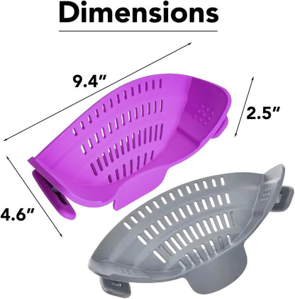 Clip‑On Pot Strainer Silicone Gray and Purple Dishwasher‑Safe Side‑Mount Design 9.4×4.6×2.5 Inches | Snap Drain Colander for Pans Bowls Skillets | Heat‑Resistant Kitchen Gadget Splash‑Guard