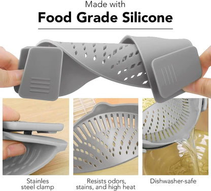 Clip‑On Pot Strainer Silicone Gray and Purple Dishwasher‑Safe Side‑Mount Design 9.4×4.6×2.5 Inches | Snap Drain Colander for Pans Bowls Skillets | Heat‑Resistant Kitchen Gadget Splash‑Guard