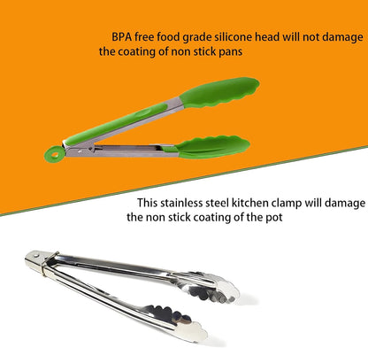Kitchen Tongs with Silicone Tips,Tongs for Cooking Heat Resistant 600 Degrees Stainless Steel Locking Tongs,Grass Green Set of 3-7", 9" and 12"