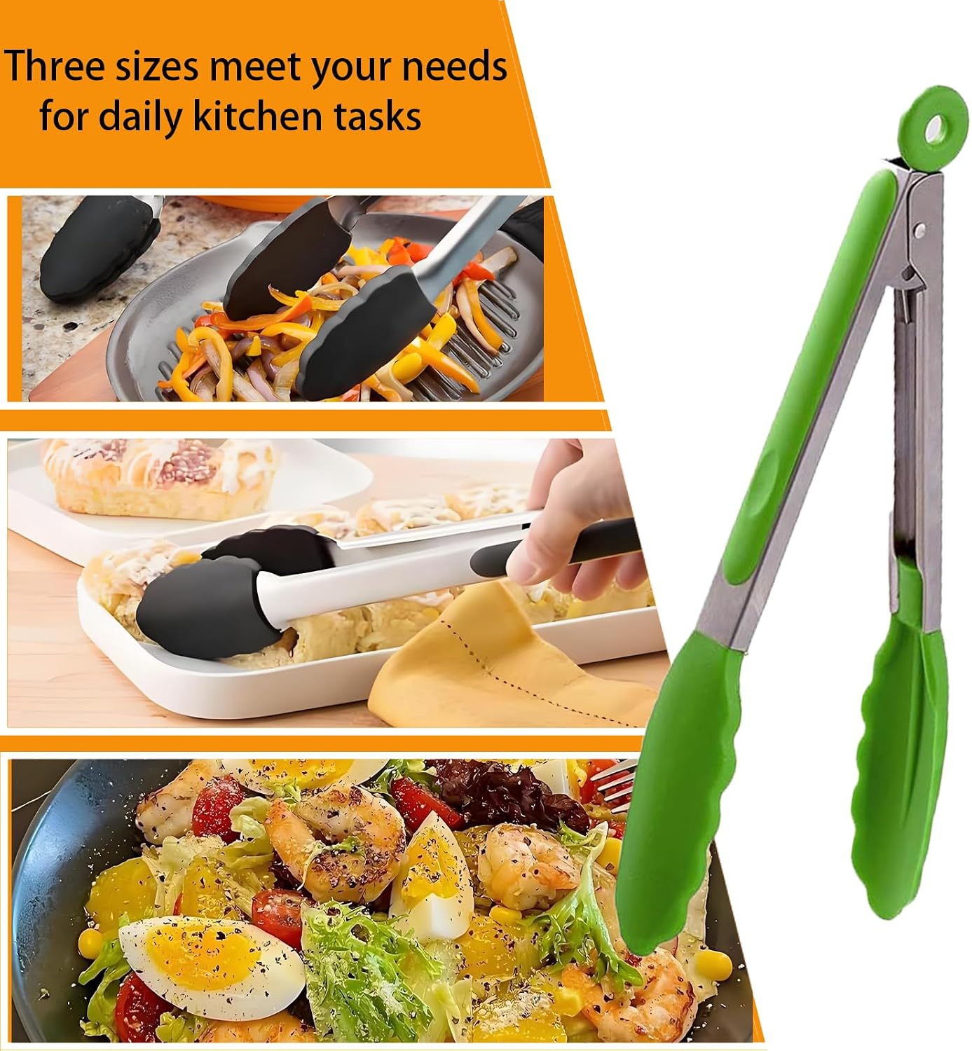 Kitchen Tongs with Silicone Tips,Tongs for Cooking Heat Resistant 600 Degrees Stainless Steel Locking Tongs,Grass Green Set of 3-7", 9" and 12"