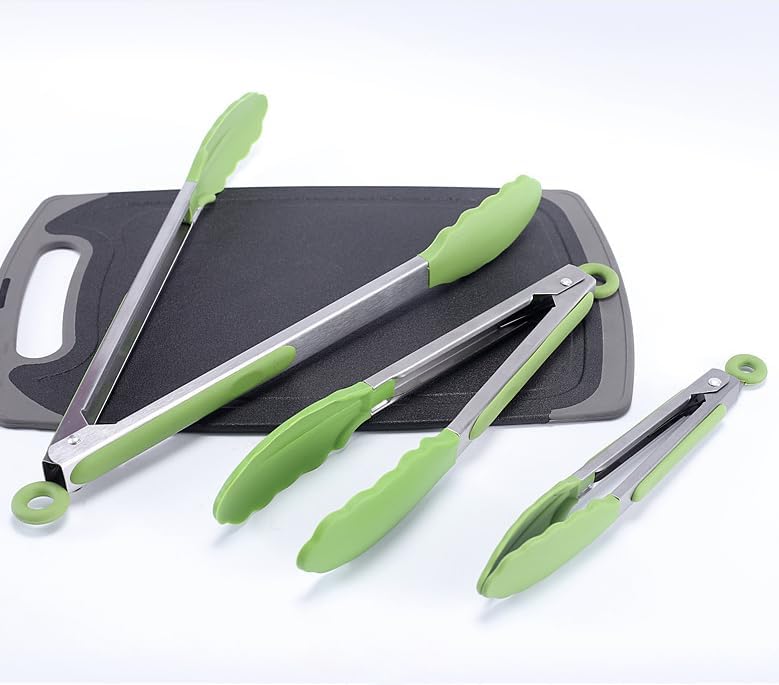 Kitchen Tongs with Silicone Tips,Tongs for Cooking Heat Resistant 600 Degrees Stainless Steel Locking Tongs,Grass Green Set of 3-7", 9" and 12"
